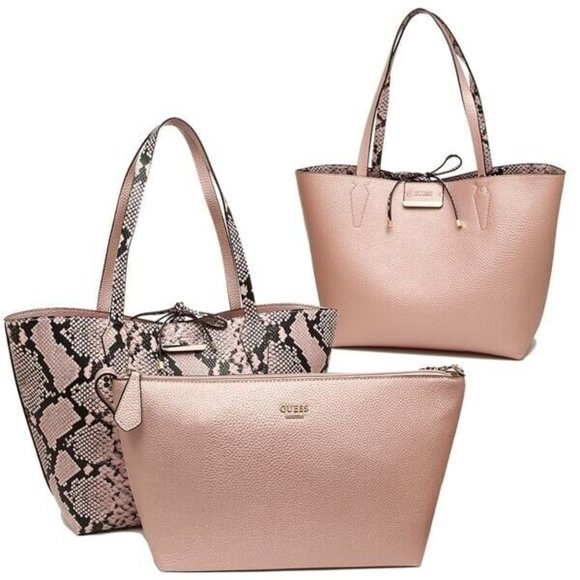 GUESS Bobbi Pink Snake Print Inside Out Reversible 3 in 1 Tote Handbag Set - Picture 1 of 14